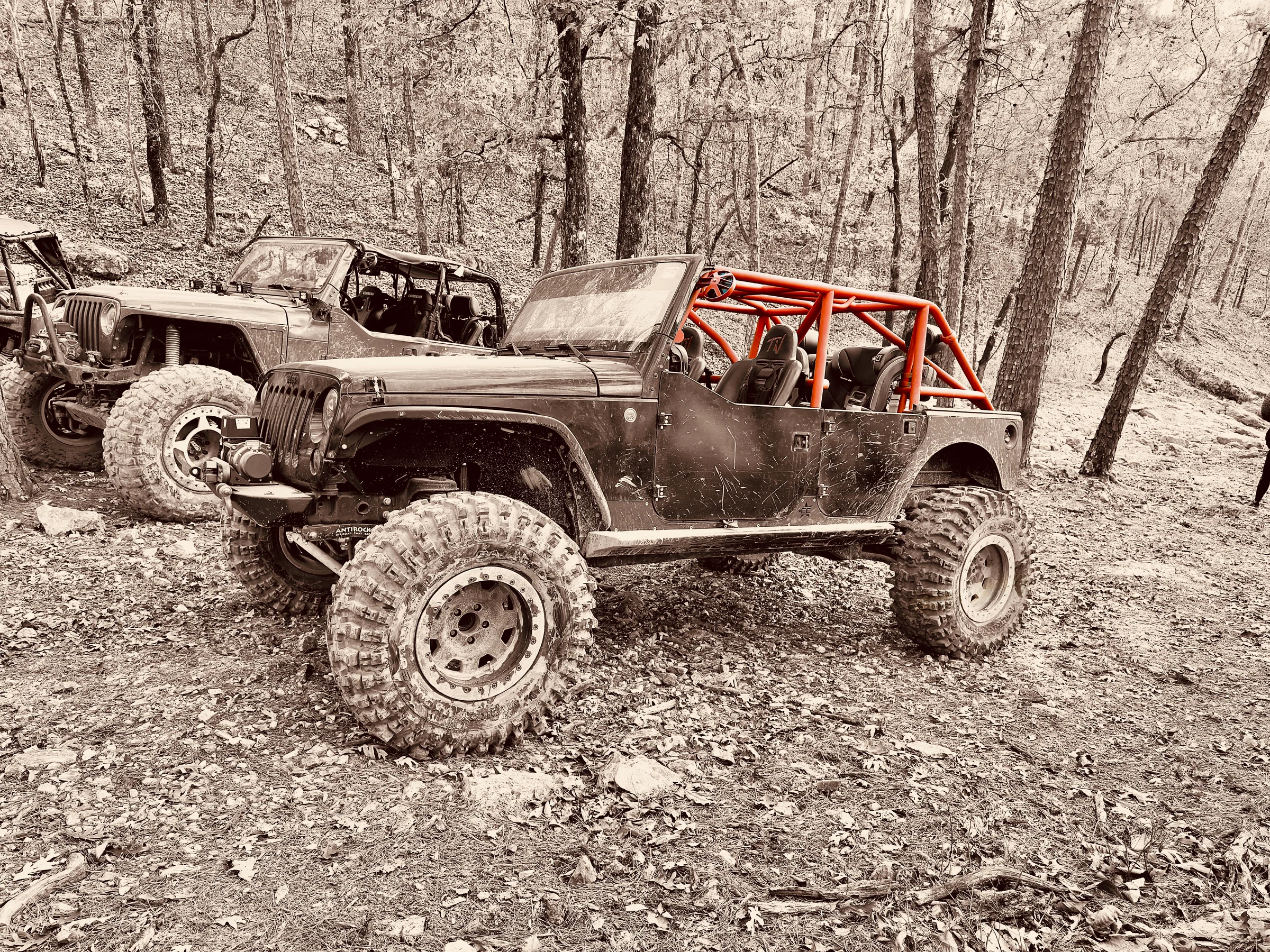 Close view of the custom red tube cage and off-road setup on a Jeep in the woods